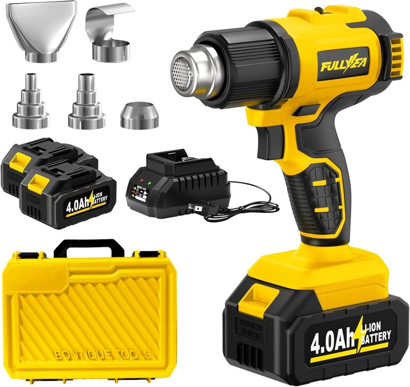 FULLYEA Cordless Heat Gun, Max 1022°F (550°C), Lightweight Hot Air Gun with 5 Nozzles & 2x4.0Ah Batteries, Portable Heat Gun Kit for Shrink Tubing, PVC Wrap, DIY Crafts (Yellow) - Image 1